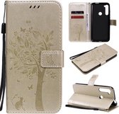 Voor Motorola One Fusion + Tree & Cat Pattern Pressed Printing Horizontale Flip PU lederen tas met houder & kaartsleuven & portemonnee & lanyard (goud)