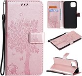 Voor OPPO A73 5G Boom & Kat Patroon Geperst Afdrukken Horizontale Flip PU Lederen Case met Houder & Kaartsleuven & Portemonnee & Lanyard (Rose Goud)