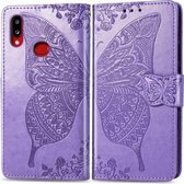 Voor Galaxy A10s Butterfly Love Flowers Embossing Horizontale Flip lederen tas met houder & kaartsleuven & portemonnee & lanyard (lichtpaars)