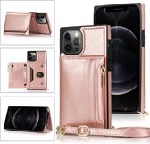 Portemonnee-tas met vierkante rits TPU + PU-achterklep met houder & kaartsleuven & portemonnee & cross-body riem voor iPhone 12/12 Pro (Rose Glod)