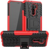 Voor Geschikt voor Xiaomi Redmi 9 Tyre Texture Shockproof TPU + PC beschermhoes met houder (rood)