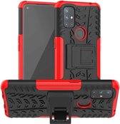 Voor OnePlus Nord N10 5G Bandentextuur Schokbestendig TPU + PC beschermhoes met houder (rood)