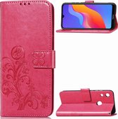 Lucky Clover geperst bloemenpatroon lederen tas voor Huawei Honor 8A, met houder en kaartsleuven en portemonnee en handriem (roze rood)