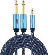 EMK 3,5 mm jack male naar 2 x 6,35 mm jack male vergulde connector Nylon gevlochten AUX-kabel voor computer / X-BOX / PS3 / cd / dvd, kabellengte: 3 m (donkerblauw)