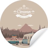 WallCircle - Muurstickers - Behangcirkel - Illustratie van een vintage caravan in de bergen - ⌀ 30 cm - Muurcirkel - Zelfklevend - Ronde Behangsticker