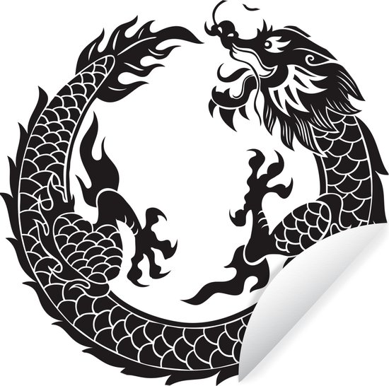 WallCircle - Stickers muraux - Cercle de papier peint - Illustration Zwart et blanc d'un dragon chinois - 50x50 cm - Cercle mural - Autocollant - Sticker papier peint rond