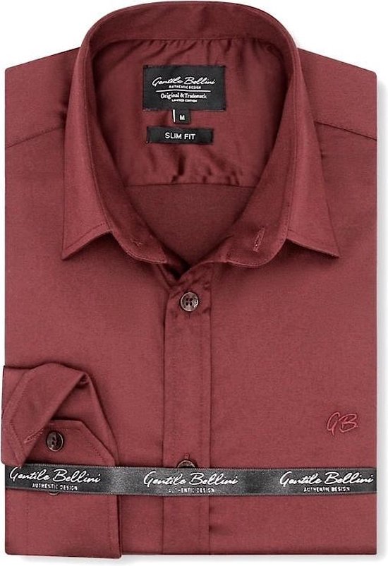 Heren Overhemd - Slim Fit - Luxury Plain Satijn - Bordeaux - Maat M