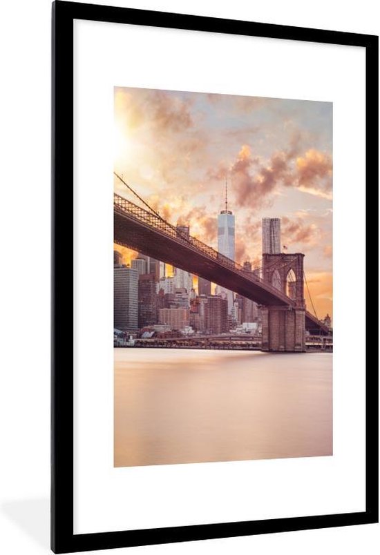 Fotolijst incl. Poster - Brooklyn Brug en de skyline van New York tijdens zonsondergang - 60x90 cm - Posterlijst