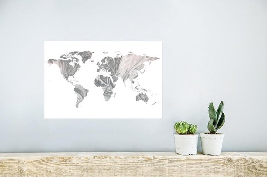 Wereldkaart avec un motif marbré gris sur fond blanc 30x20 cm