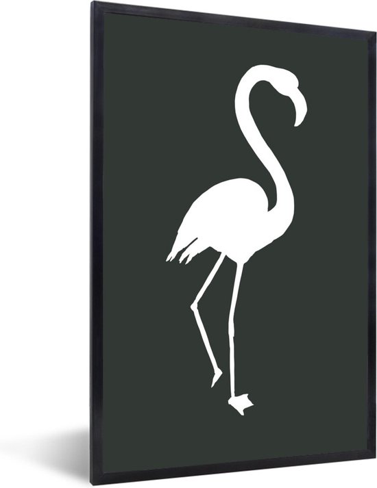 Wit silhouet van een flamingo tegen een donkergrijze achtergrond