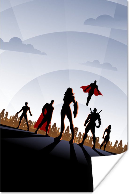Poster Kinderillustratie van team superhelden voor skyline - 40x60 cm