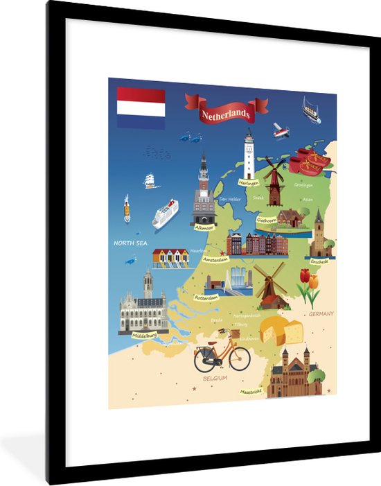 Fotolijst incl. Poster - Kaart met bezienswaardigheden in Nederland - 60x80  cm -... | bol.com