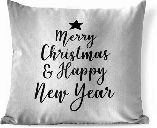 Sierkussens - Kussen - Kerst quote Merry Christmas & Happy New Year op een witte achtergrond - 60x60 cm - Kussen van katoen