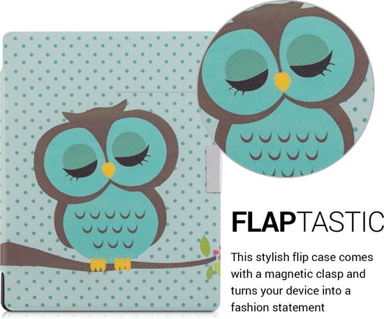 kwmobile e-reader hoesje geschikt voor Kobo Aura Edition 1 hoes - E reader flip case met magnetische sluiting - Ereader cover - Slapende Uil design in turquoise / bruin / mintgroen van Merkloos — afbeelding 5
