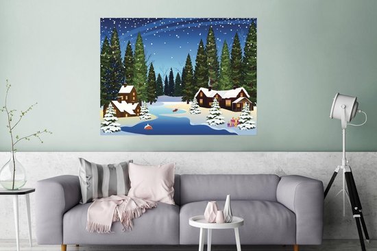 Une illustration d'une forêt enneigée dans la nuit poster 160x120 cm - Tirage photo sur Poster (décoration murale salon / chambre) / Poster Arbres XXL / Groot format!