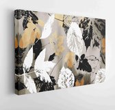 Art graphic and watercolor autumn colorful background with sketching leaves and flowers in old gold, white and black colors - Modern Art Canvas - Horizontal - 1159310938 - 115*75 H
