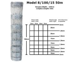 Schapengaas Licht 2.00mm/1.80mm 100cm-8-15cm 50m Gegalvaniseerd.