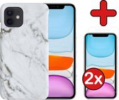 Hoes voor iPhone 11 Hoesje Marmer Hardcover Fashion Case Hoes Met 2x Screenprotector - Hoes voor iPhone 11 Marmer Hoesje Hardcase Back Cover - Wit x Grijs