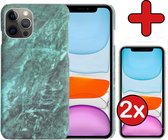 Hoes voor iPhone 11 Pro Hoesje Marmer Hardcover Fashion Case Hoes Met 2x Screenprotector - Hoes voor iPhone 11 Pro Marmer Hoesje Hardcase Back Cover - Groen x Zwart