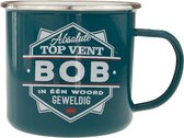 Mok - Top vent - Bob - Geëmailleerd - Gevuld met een verpakte toffeemix - In cadeauverpakking