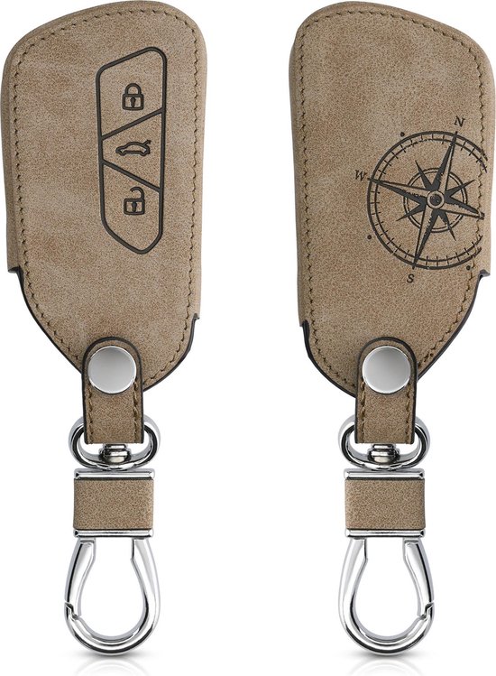 Étui à clés de voiture kwmobile pour clé de voiture à 3 boutons VW Golf 8 - Boîtier de clé de voiture en marron - Design Vintage Compass