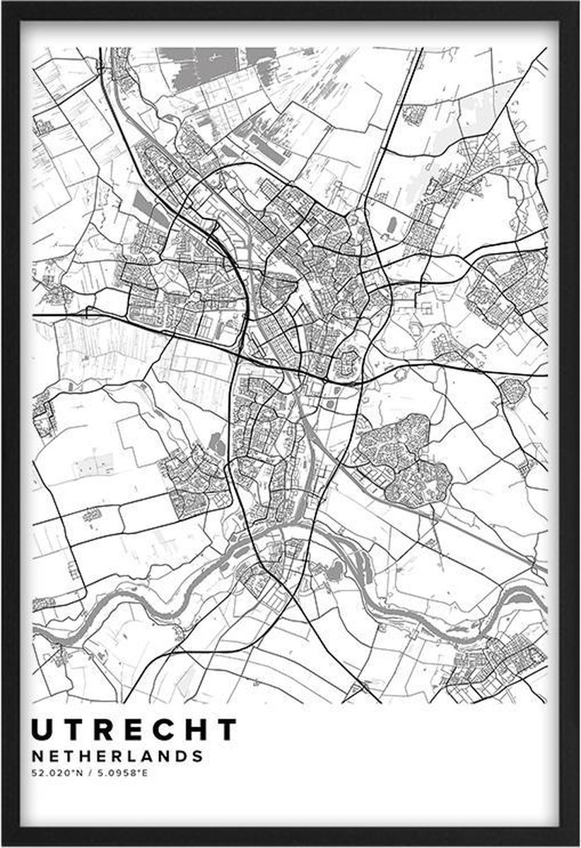 Poster Stad Utrecht - A2 - 42 x 59,4 cm - Inclusief lijst (Zwart Aluminium) Citymap - Stadsposter - Plaatsnaam poster Utrecht/Utreg- Stadsplattegrond