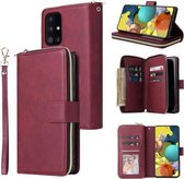 Voor Samsung Galaxy A52 5G Rits Portemonnee Tas Horizontale Flip PU Lederen Case met Houder & 9 Kaartsleuven & Portemonnee & Lanyard & Fotolijst (Rode Wijn)