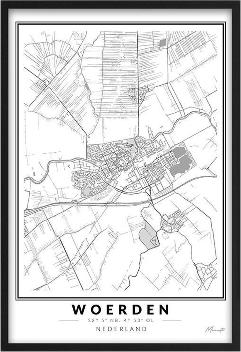 Poster Stad Woerden - A3 - 30 x 40 cm - Inclusief lijst (Zwart MDF)