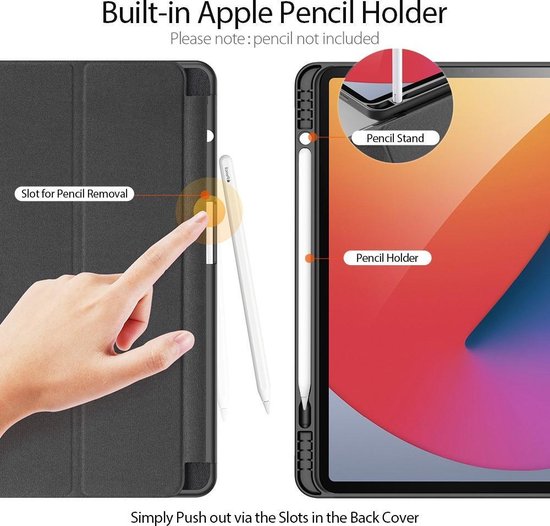 Demo van de ingebouwde Apple Pencil houder en verwijderingssleuf op een zwarte iPad-hoes.