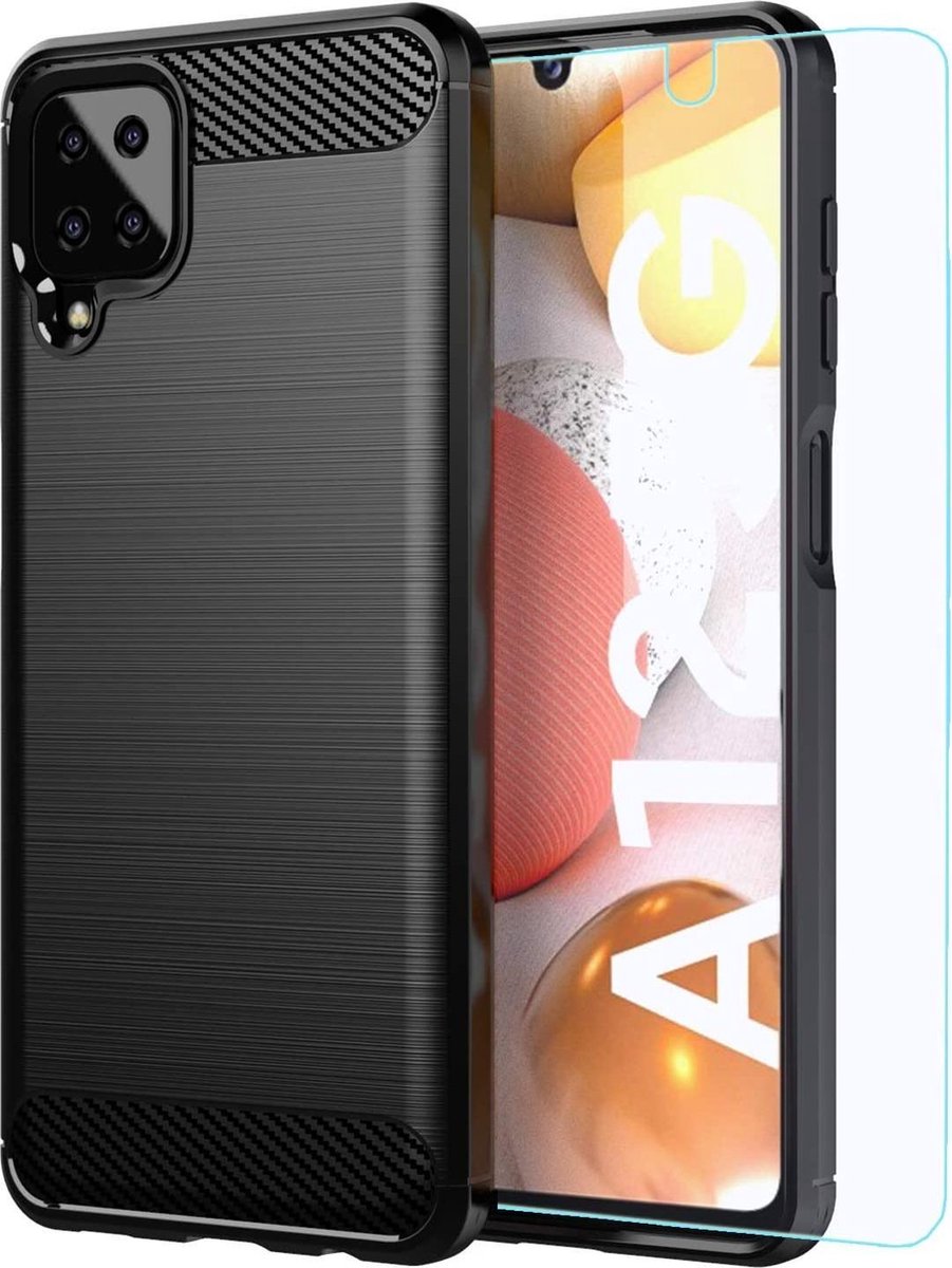 Hoesje Geschikt Voor Samsung Galaxy A12 hoesje Geborsteld siliconen Colour TPU Cover Zwart - Galaxy A12 Screenprotector 1 pack
