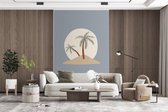 Behang - Fotobehang Palmboom - Pastel - Blauw - Zon - Breedte 170 cm x hoogte 260 cm
