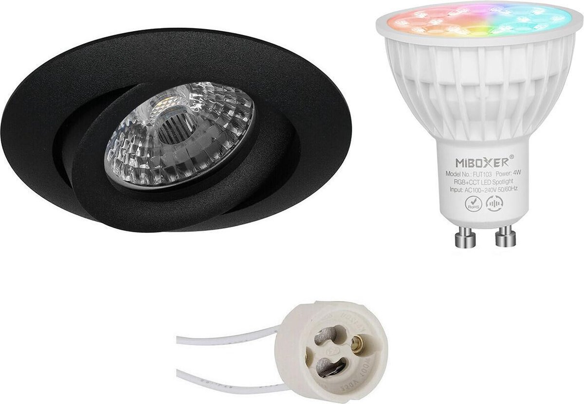 Mi-Light MiBoxer - LED Spot Set GU10 - Smart LED - Wifi LED - Slimme LED - 4W - RGB+CCT - Aanpasbare Kleur - Dimbaar - Proma Uranio Pro - Inbouw Rond - Mat Zwart - Kantelbaar - Ø82mm
