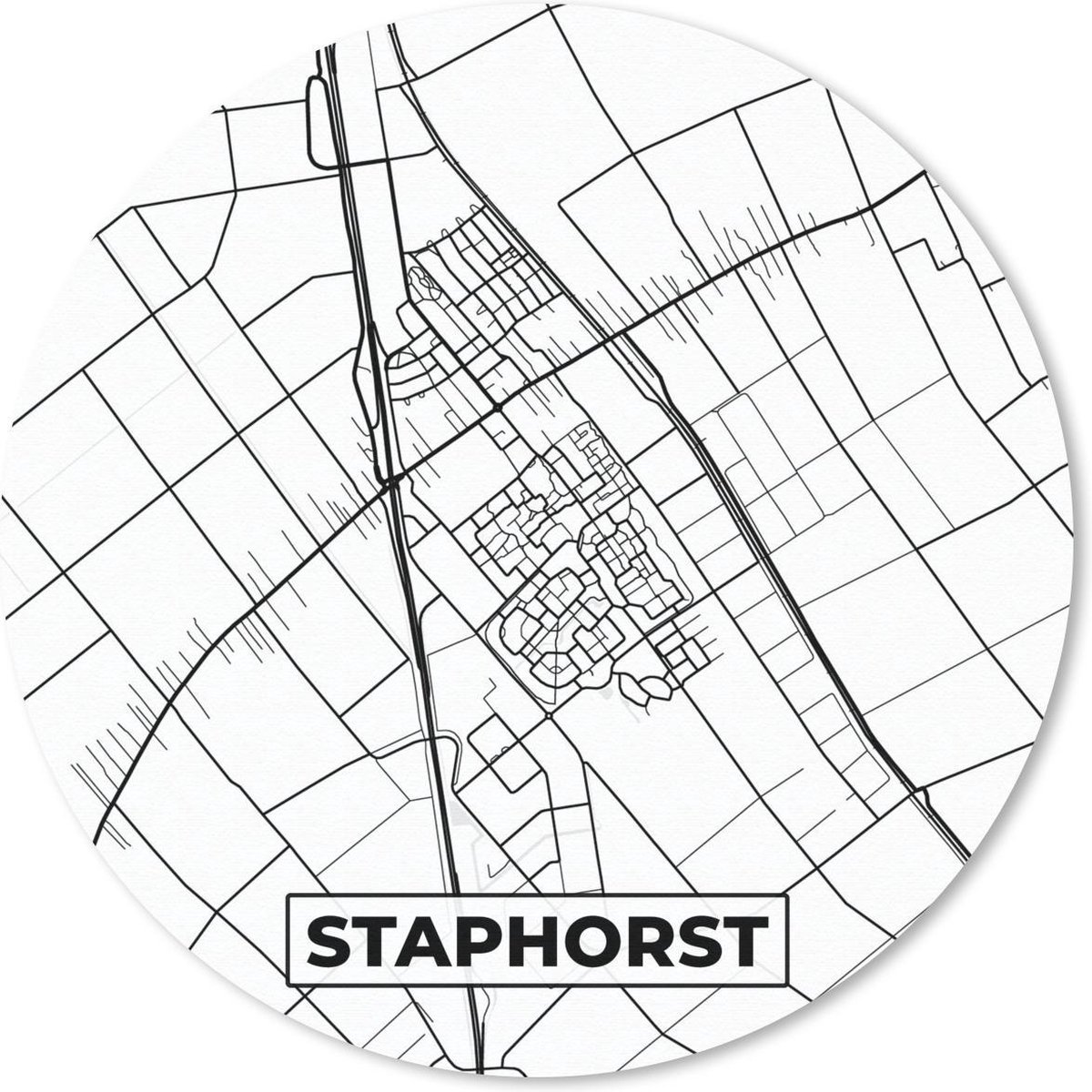 Muismat rond 30x30 cm - Mousepad Kaart - Staphorst - Zwart - Wit - Ronde muismatten