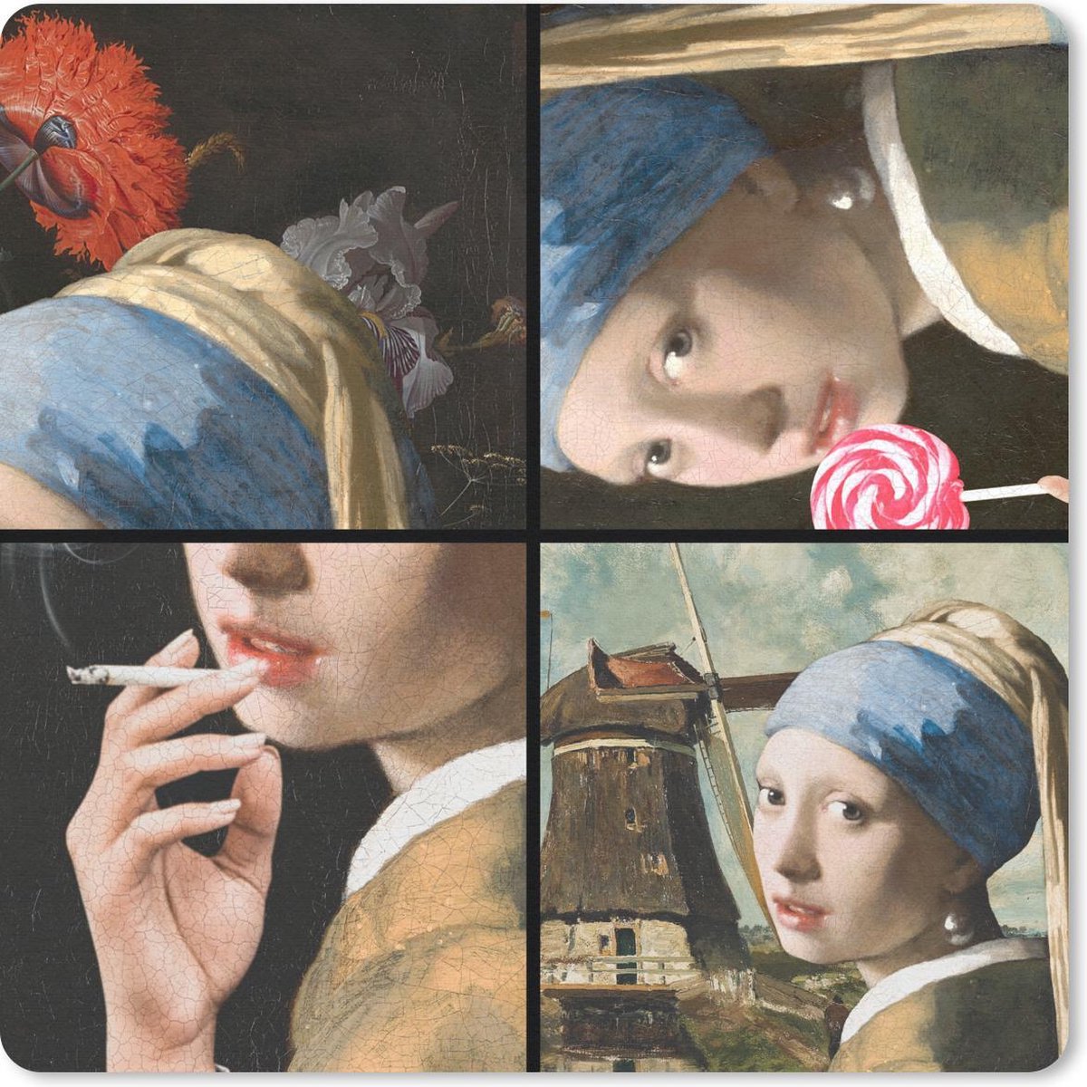 Muismat 20x20 cm - Mousepad Meisje met de parel - Vermeer - Collage - Muismatten