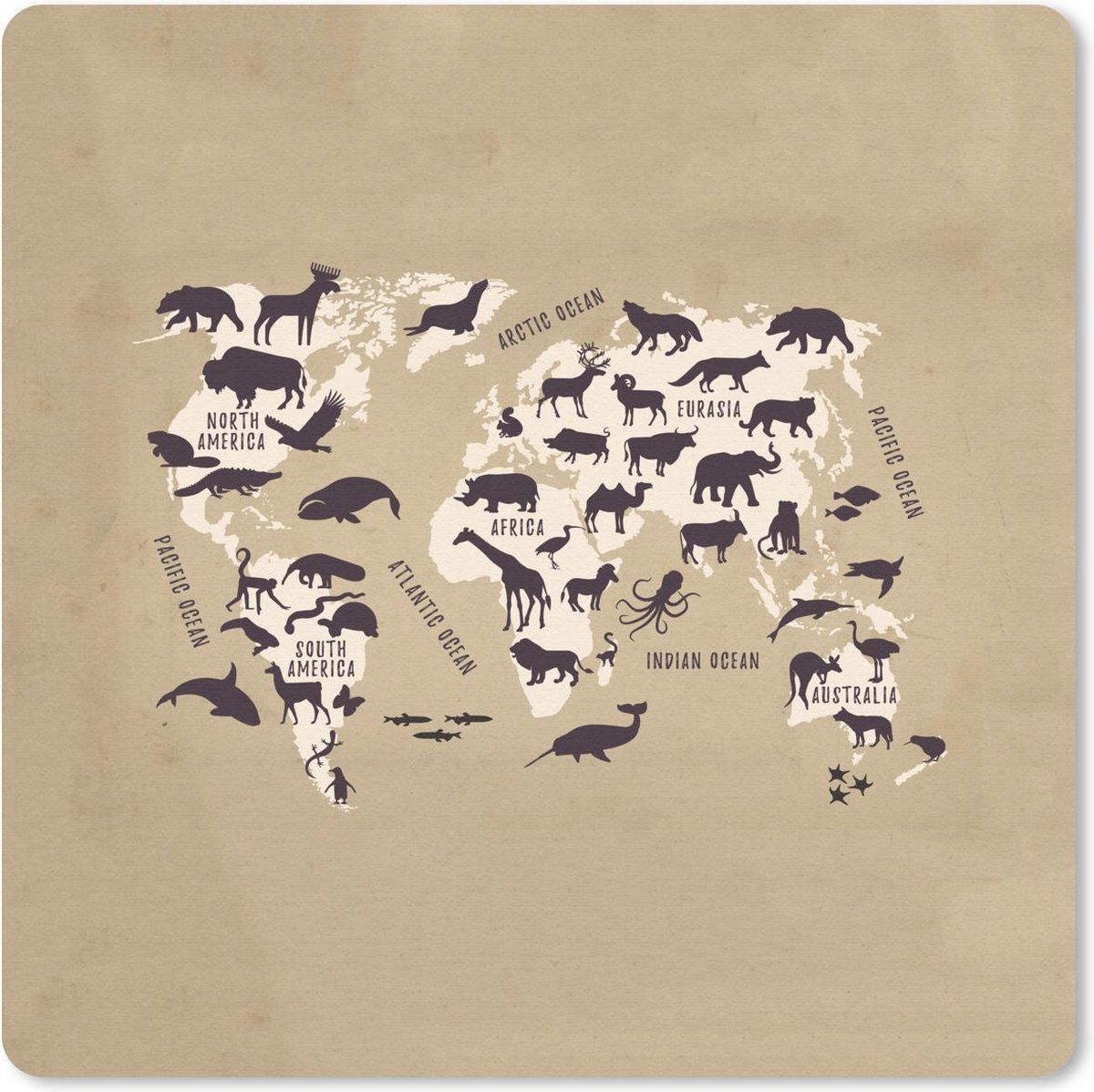 Muismat 30x30 cm - Mousepad Wereldkaart Kinderen - Dieren - Bruin - Muismatten