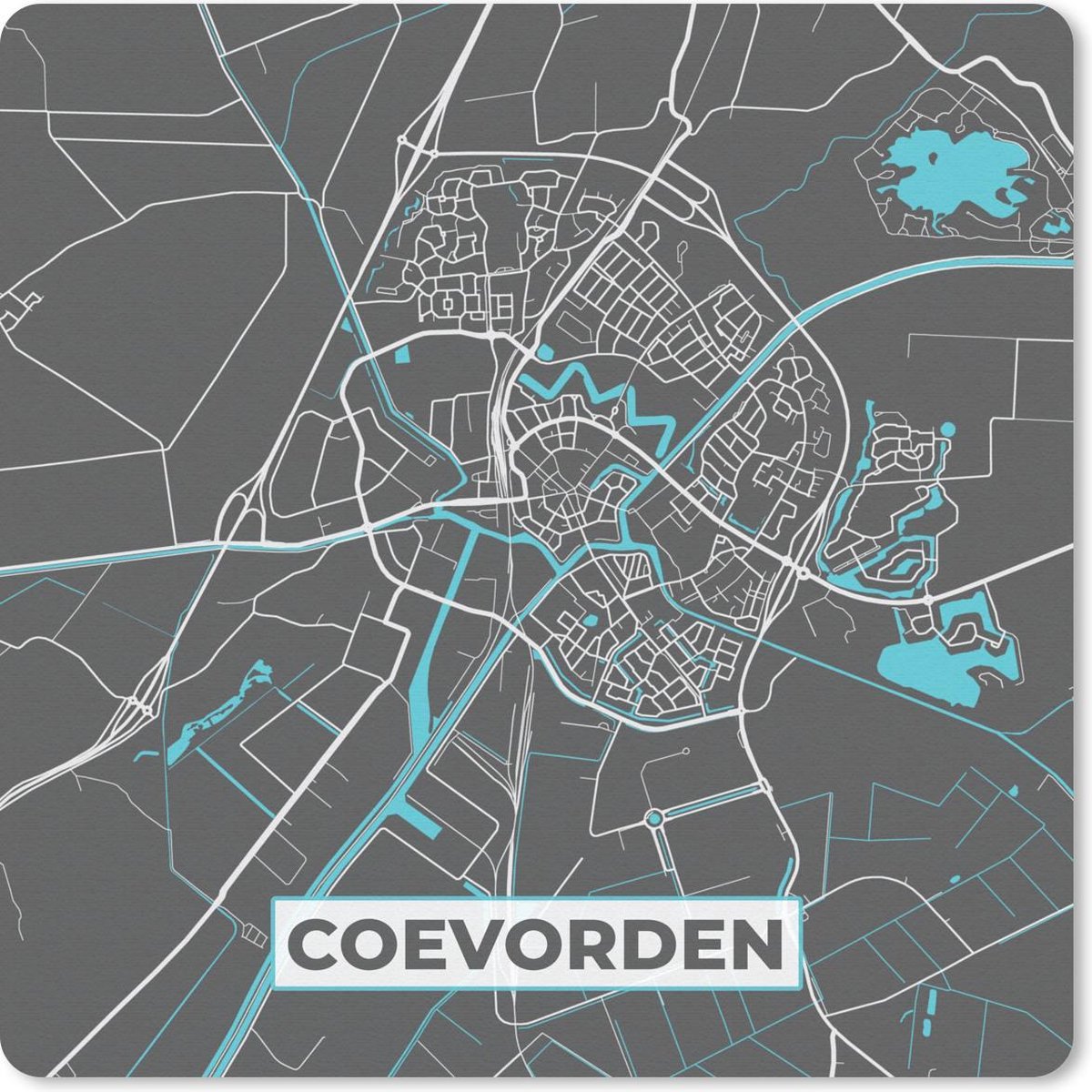 Muismat 20x20 cm - Mousepad Plattegrond - Coevorden - Grijs - Blauw - Muismatten - Stadskaart