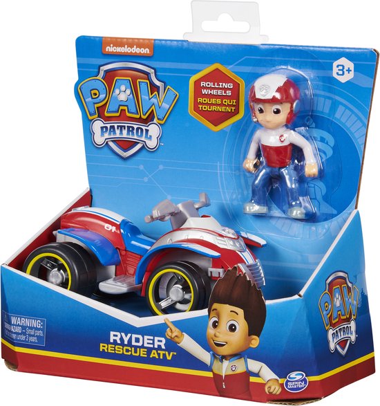 Doos Ryder Rescue ATV met figuur en voertuig. Ryder op de doos wijst naar het Paw Patrol logo.