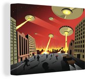 Une illustration d'OVNIS attaquant une ville toile 80x60 cm - Tirage photo sur toile (Décoration murale salon / chambre)