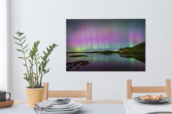 Canvas Schilderij Noorderlicht - IJsland - Paars - 90x60 cm - Wanddecoratie