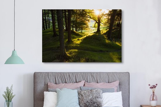 Soleil brisant à travers les forêts du parc national de Peak District Toile 180x120 cm - Tirage photo sur toile (Décoration murale salon / chambre) XXL / Groot format!