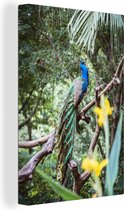 Paon bleu sur une brindille entre les feuilles Toile 120x180 cm - Tirage photo sur Toile (Décoration murale salon / chambre) XXL / Groot format!