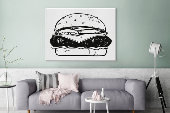 Canvas schilderij 160x120 cm - Wanddecoratie Een illustratie van een cheeseburger - Muurdecoratie woonkamer - Slaapkamer decoratie - Kamer accessoires - Schilderijen