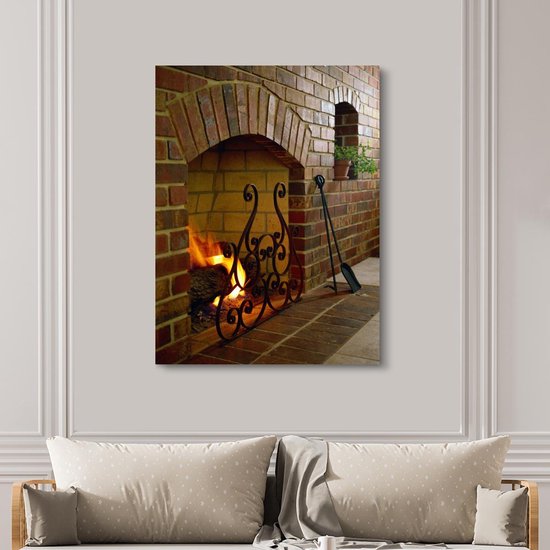 Feu dans une cheminée 120x160 cm - Tirage photo sur toile (Décoration murale salon / chambre) XXL / Grand format!