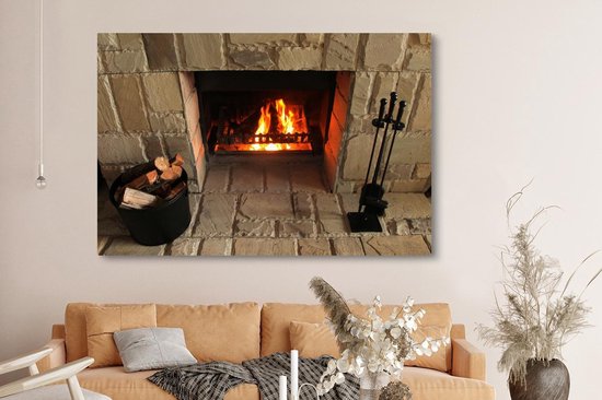 Cheminée dans un mur de pierre 180x120 cm - Tirage photo sur toile (Décoration murale salon / chambre) XXL / Groot format!