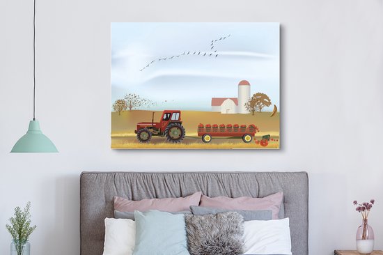 Illustration d'un tracteur à la récolte sur toile 160x120 cm - Tirage photo sur toile (Décoration murale salon / chambre) XXL / Groot format!