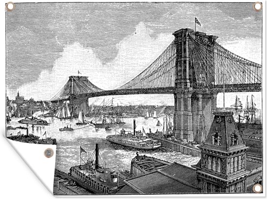 Muurdecoratie buiten Een antieke illustratie van de Brooklyn Bridge - 160x120 cm - Tuindoek - Buitenposter