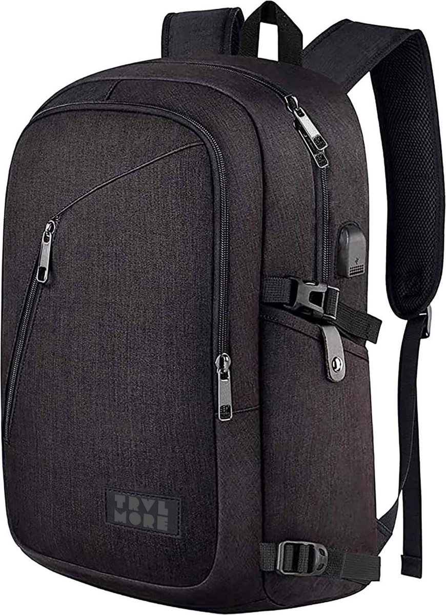 TravelMore Slim Fit Backpack - 15,6 inch Laptop Rugzak - Dames/Heren - 25L - Waterafstotend - Zwart