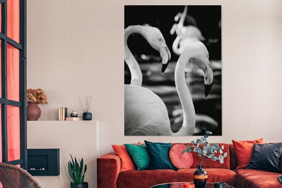 Gros plan de flamants roses en noir et blanc 120x160 cm - Tirage photo sur toile (Décoration murale salon / chambre) XXL / Groot format!