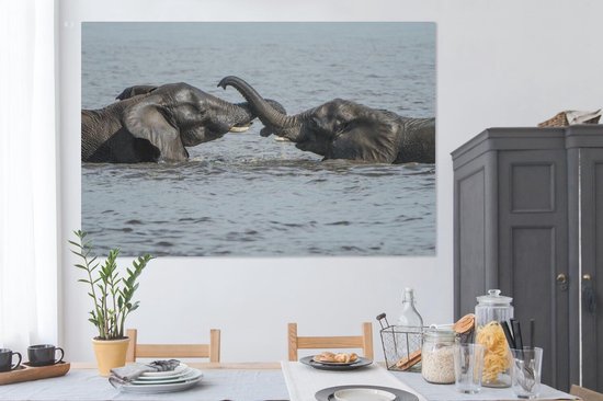 Deux éléphants lavés dans la rivière sur toile 2cm 180x120 cm - Tirage photo sur toile (Décoration murale salon / chambre) / Animaux sauvages Peintures sur toile XXL / Groot format!