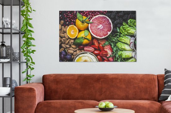 Divers fruits étalés sur une toile de table 2cm 120x80 cm - Tirage photo sur toile (Décoration murale salon / chambre)